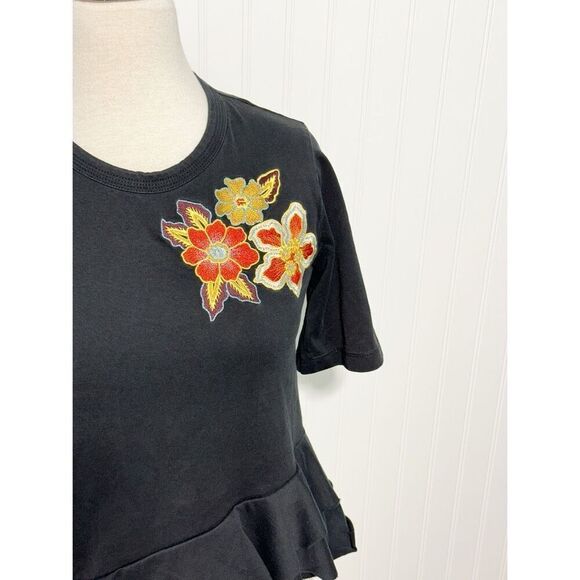 Sandro Paris Women's Asymmetric Peplum Floral Patch Embroidered Tee Black Size 4 - Picture 3 of 15
